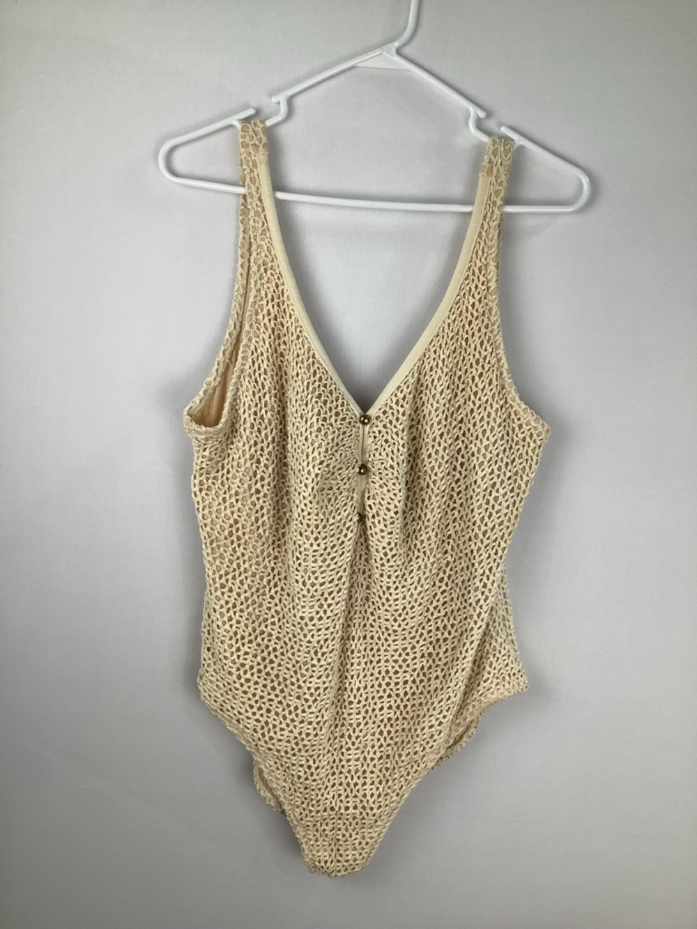 Pacific Connections Open Knit Crochet One-Piece Swimsuit in Cream Plus size